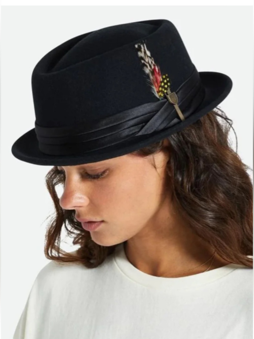 Brixton Black Wool Pork Pie Hat with Feather Trim